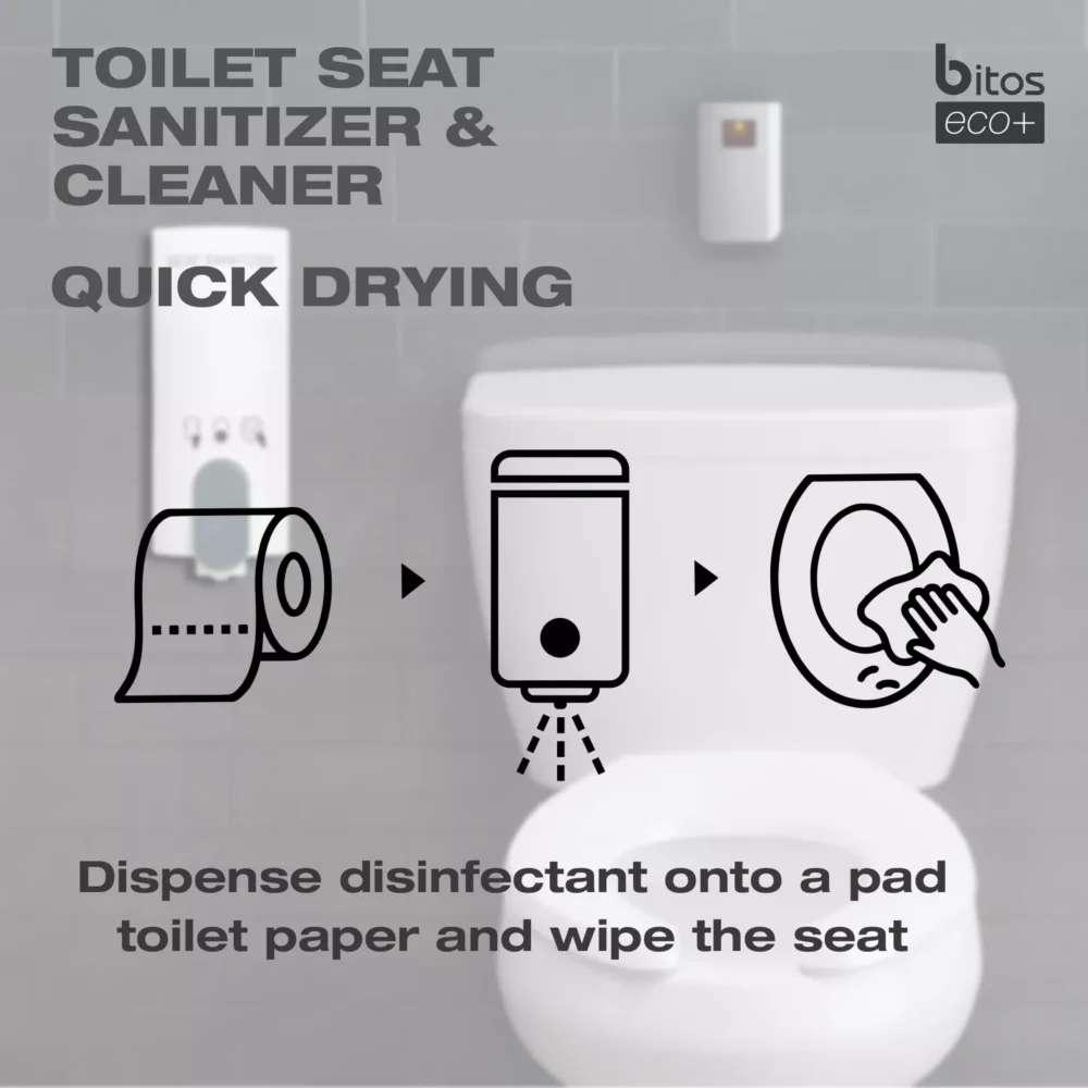 Toilet Seat Sanitizer Bitos eco+, how to use: Dispense disinfectant on a pad toilet paper and wipe the seat.